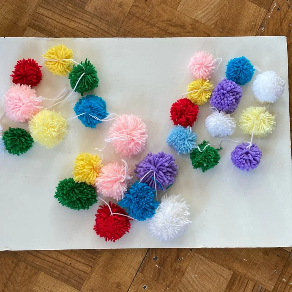 Handmade Pompom garland strands yarn balls Colorful decorations x4